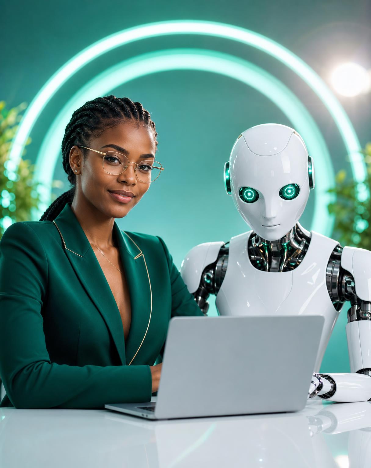 A professional member of the Evermore AI Platform and her AI robot partner working on a laptop in a futuristic teal studio